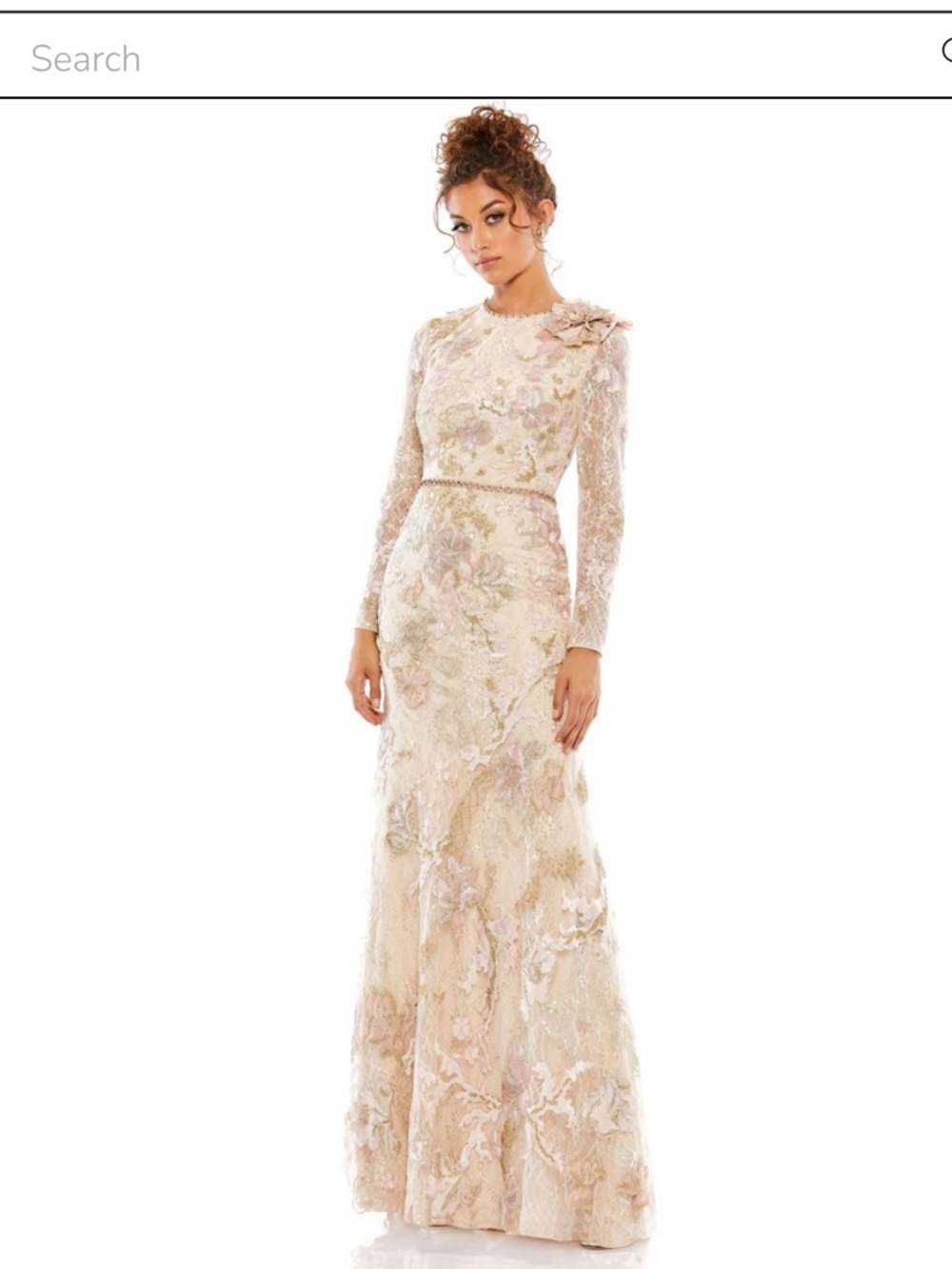 Mac Duggal Cream and Blush Floral Lace Long Sleeve Maxi Gown